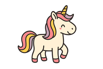 Magical fantasy unicorn creature walking with colorful pink and yellow mane