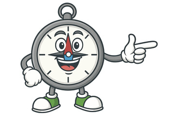 Cheerful cartoon compass character mascot pointing finger to the right side showing guidance