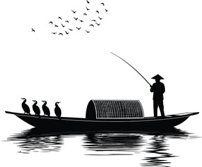 Traditional Asian Fisherman and Cormorant Birds Silhouette Vector Illustration, Man in Conical Hat Fishing from a Boat, Minimalist Black and White Water Scene with Flying Seagulls and Reflection.