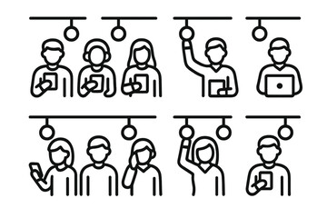 Public transportation passengers holding handles and using digital devices during daily commute
