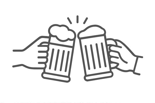 Two people making a celebratory toast by clinking large mugs of foamy beer