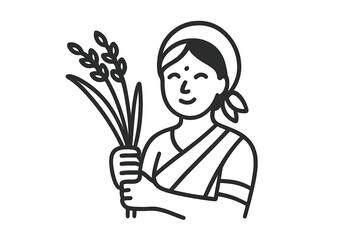 Happy female agricultural worker holding harvested rice stalks in traditional clothing