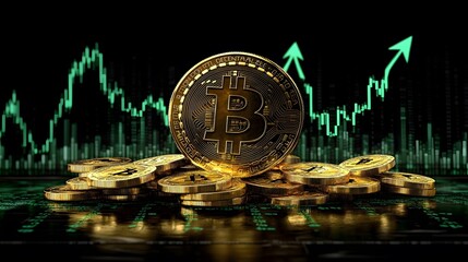 Golden bitcoin coins stacked on a digital trading chart background with rising arrows symbolizing cryptocurrency market growth