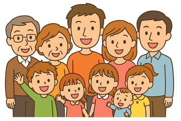 Cheerful multi-generational family portrait standing together on white background