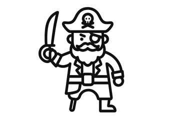 Cartoon pirate character with an eyepatch, beard, and cutlass weapon in simple style