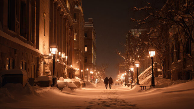 Romantic winter evening stroll through a snow-covered city street. Two figures walk hand-in-hand down a snow-covered street, illuminated by warm streetlights, creating a cozy atmosphere