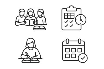 Educational process and time management icons set including study group, student writing, checklist, and calendar schedule