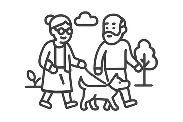 Happy senior couple walking their small dog on a leash in an outdoor park