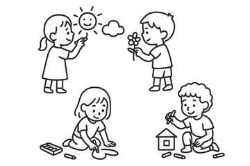 Diverse young children drawing pictures with crayons and chalk during creative playtime