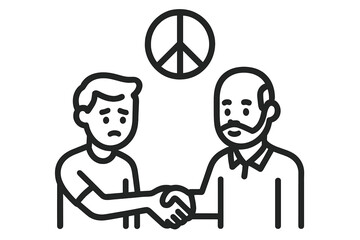 Two men shaking hands under a peace sign symbolizing agreement and reconciliation