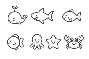 Smiling sea animals outline icon set whale shark crab octopus starfish © icon_art