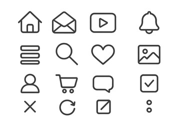 Outline web and mobile application interface icons for navigation and interaction