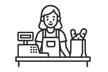 Friendly female cashier working at the supermarket checkout counter with a cash register and shopping bag