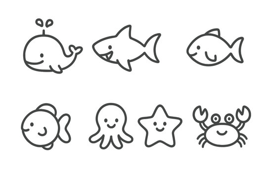 Smiling sea animals outline icon set whale shark crab octopus starfish