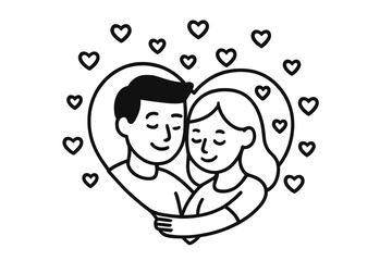 Romantic couple hugging inside a large heart shape surrounded by small floating hearts