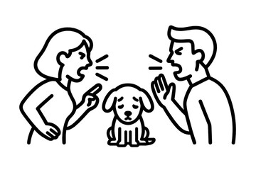 Emotional distress for a sad dog caught between two arguing people during domestic conflict