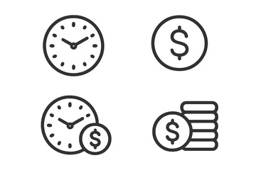 Minimalist line icons for financial management, time is money, savings, clocks, and currency