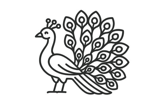Stylized black and white outline of a majestic peacock showing off its elaborate plumage