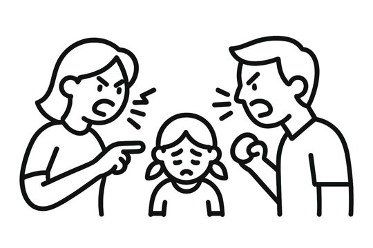 Family dispute with angry parents yelling and pointing fingers at their distressed daughter