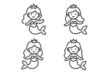 Adorable cartoon mermaid princess character in simple outline style for fantasy design