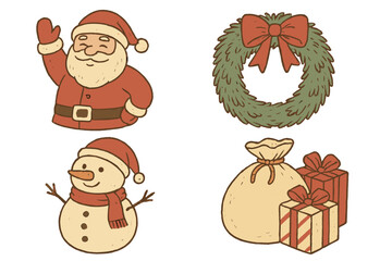 Vintage Christmas holiday set with Santa Claus, snowman, festive wreath, and gift boxes