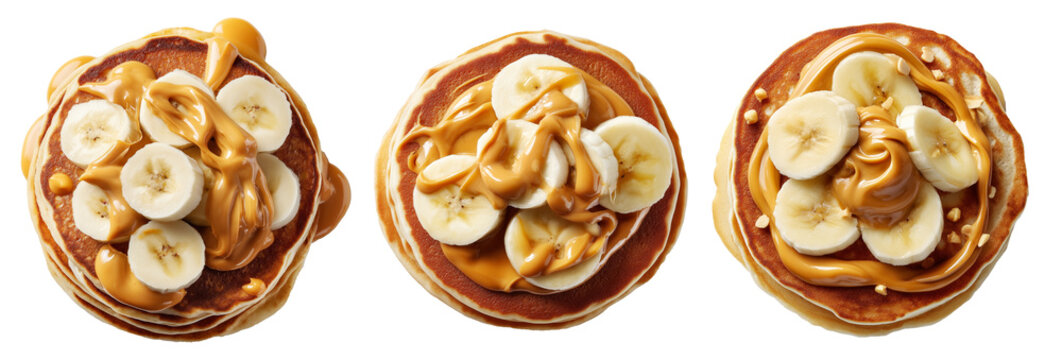 Stack of pancakes with banana slices, creamy peanut butter, and chopped peanuts isolated on white transparent background