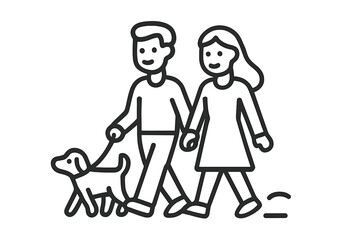 Happy couple walking together holding hands with their small dog on a leash