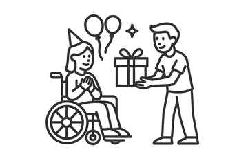 Happy woman in a wheelchair receiving a birthday gift from a friend during a celebration party