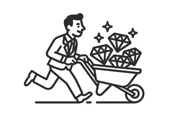 Energetic businessman pushing a wheelbarrow loaded with large shiny diamonds
