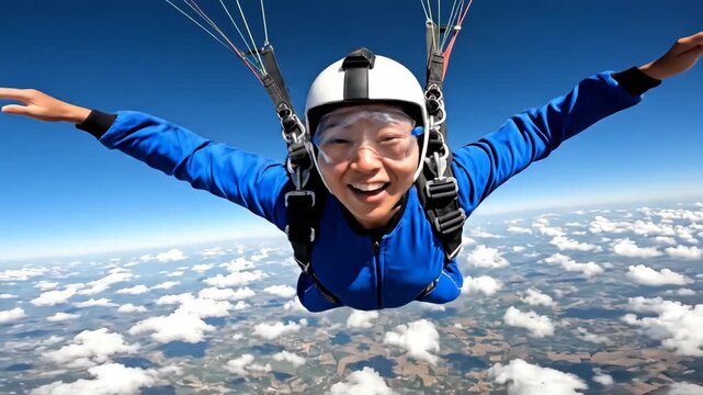 A happy woman enjoys skydiving in freefall. POV selfie of an excited skydiver flying through the sky. Extreme sport and adventure concept