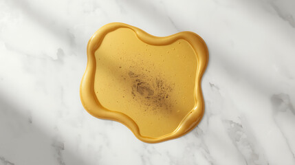 Glossy gold liquid spill on white marble with elegant texture