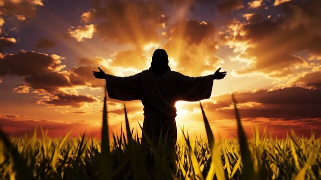 Jesus Christ divine blessing salvation spiritual hope in golden sunset field