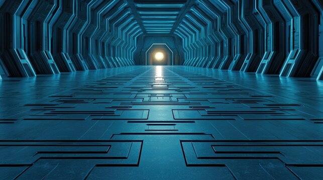 A long, futuristic corridor with hexagonal walls and a patterned floor, illuminated by blue neon lights and a bright light at the end.