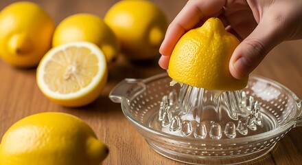 Hand squeezing fresh lemon juice into a glass juicer