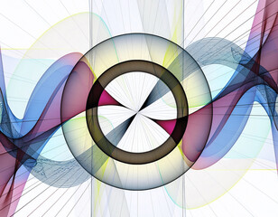 Obraz premium Abstract background with intersecting waves and a central circular element. A colorful and intricate design ideal for technology, science, and futuristic projects.