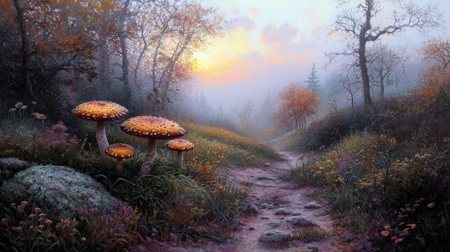A scenic forest path winding through vegetation with large, vibrant mushrooms in the foreground. The scene is bathed in the soft, hazy light of a sunrise, creat