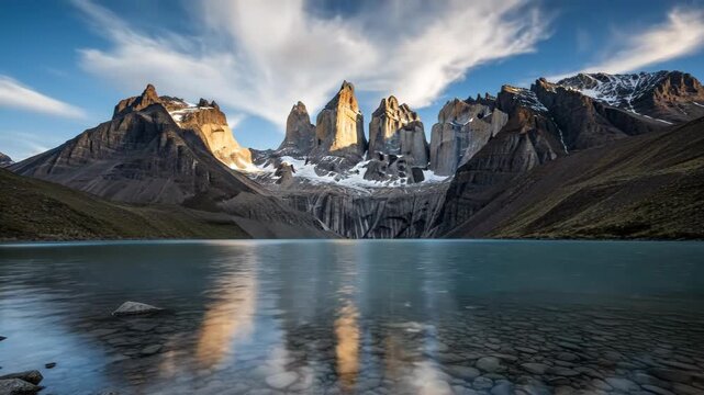 Majestic mountain peaks reflecting in tranquil lake at sunrise with moving clouds