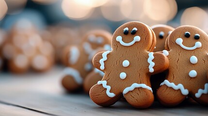 A close-up shot of several gingerbread man cookies, decorated with white icing, arranged together on a wooden surface. The background features a soft bokeh effe