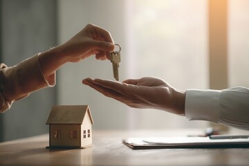 Close-up of hands exchanging house keys. Real estate transaction, property handover, and homeownership concept