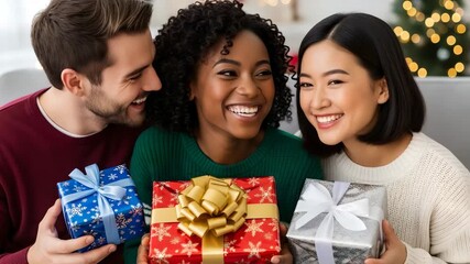 Diverse people with Christmas gifts in hands together. Festive holiday present exchange during winter celebration, footage
