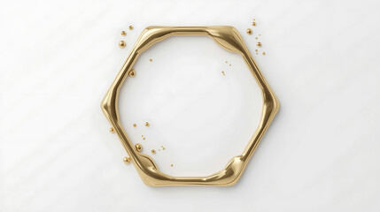 Abstract molten gold hexagon frame with shiny spheres on white