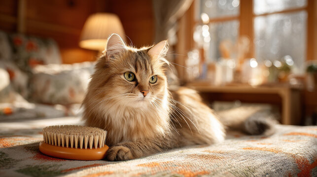 Fluffy cat relaxing with a grooming brush on a cozy bed in a warm room. A beautiful cat is lying down next to a brush, looking relaxed and comfortable in a sunlit room