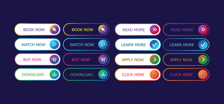 Gradient CTA Buttons Pack. Modern  Round UI Call to Action, Elements. Neu Morphic Gradient UI Buttons Set. Controls for Web and App Design. Hover, Disable and Enable State.