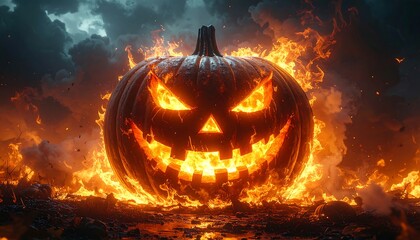 Fototapeta premium A sinister, glowing jack-o'-lantern ablaze amidst a stormy, dark landscape, exuding a fiery, ominous aura
