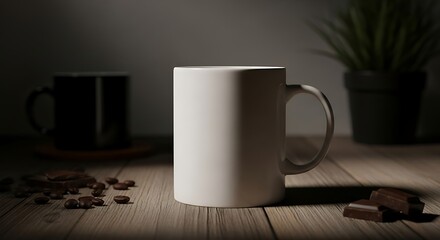 Cozy morning coffee mug with beans and chocolate on wooden table
