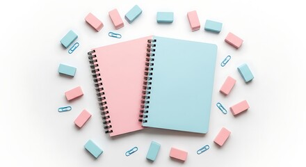 Pastel notebooks and erasers arranged in a circular pattern