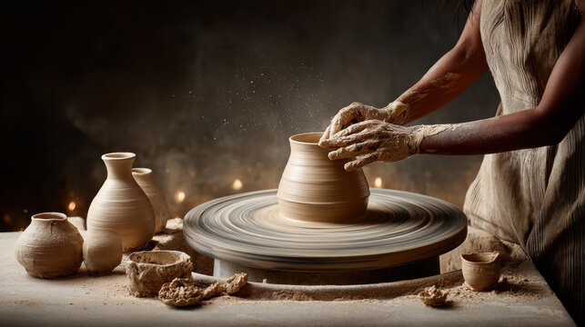 Potter shaping clay on a spinning wheel, creating handmade pottery. A potter's hands carefully mold wet clay on a pottery wheel, crafting a beautiful vase