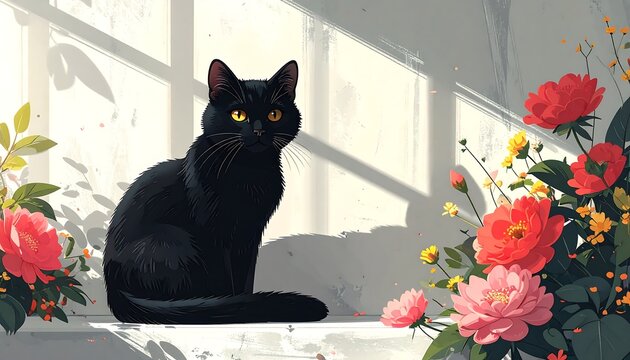 A sleek black cat sits near bright pink roses with sunlit windows providing a soft, pleasant background - Powered by Adobe