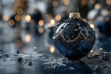 Dark blue luxury Christmas bauble with golden bead details on icy surface, elegant winter background for premium festive branding.