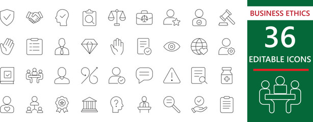 36 Editable Business Ethics vector line icons. Essential for integrity, justice, corporate governance, compliance, law, and agreement design